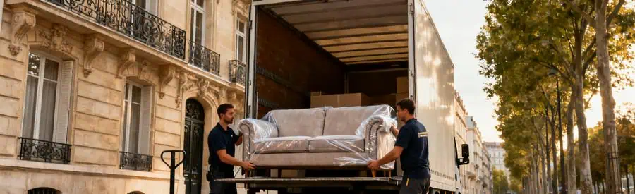 Demenagement Immeuble Haussmannien Lyon 6eme Déménageurs chargeant mobilier devant immeuble cossu avenue large Lyon 6ème arrondissement Brotteaux