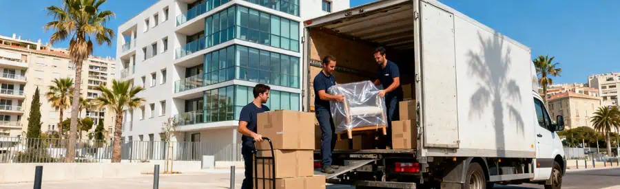 Demenagement Immeuble Moderne Joliette Marseille 2eme Déménageurs chargeant camion devant immeuble moderne avec infrastructures facilitant transport Joliette Marseille