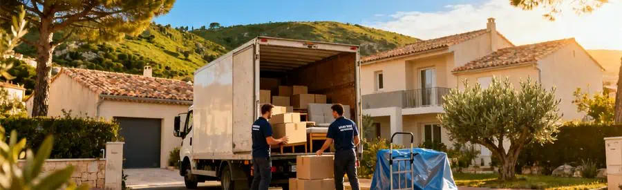 Déménageurs chargeant un camion devant maison à Marseille 9ème avec collines en arrière-plan