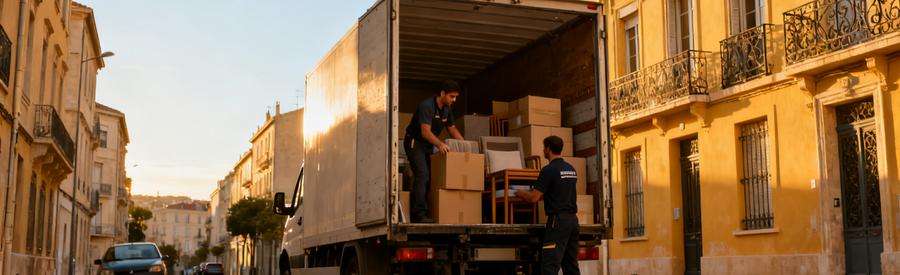 Déménageurs chargeant un camion tôt le matin dans une rue calme du quartier Saint-Lazare à Marseille 3ème