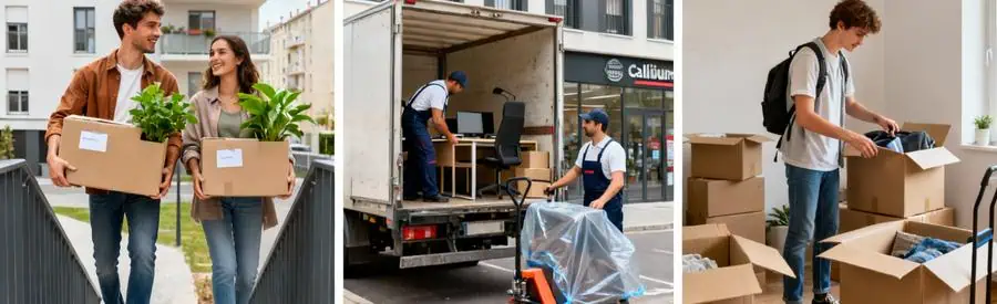 Trois situations de déménagement à Caluire : couple en appartement, transfert bureau, étudiant en chambre