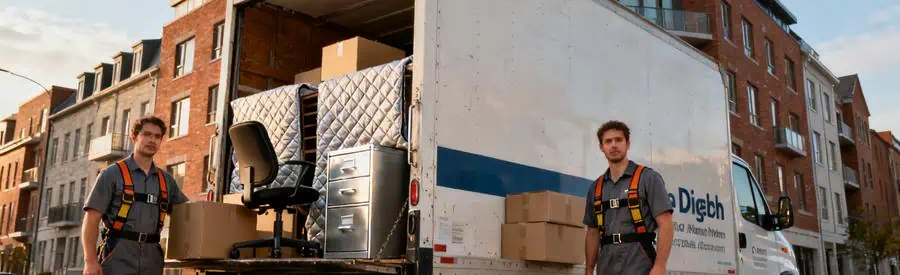 Déménageurs chargeant mobilier résidentiel et professionnel dans camion à Dieppe centre-ville