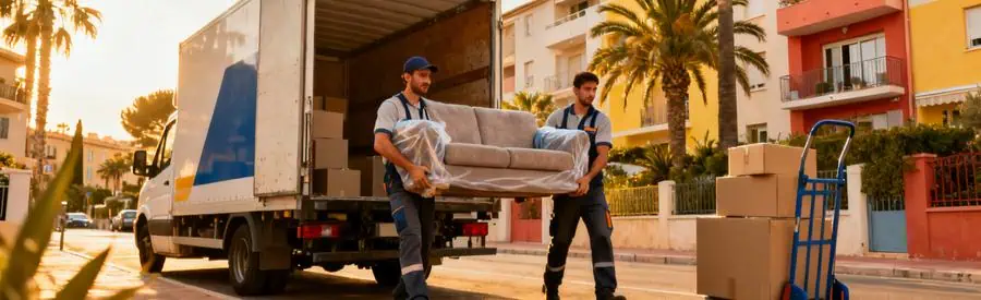 Demenagement Professionnel Frejus Var Camion Chargement Déménageurs professionnels chargeant camion dans rue résidentielle de Fréjus avec meubles protégés