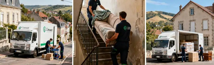 Déménageurs professionnels gérant transport de mobilier dans environnement urbain vallonné du Creusot