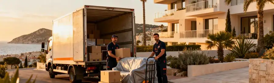 Déménageurs professionnels déchargeant camion devant résidence moderne quartier Bonneveine Marseille 8ème