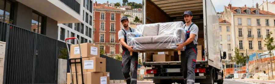 Demenagement Quartier Urbain Lyon 9eme Transformation Déménageurs chargeant camion dans rue résidentielle Lyon 9ème, quartier en rénovation urbaine visible