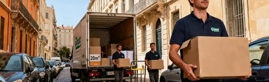 Camion déménagement dans rue étroite du 3ème arrondissement Marseille avec immeubles anciens sans ascenseur