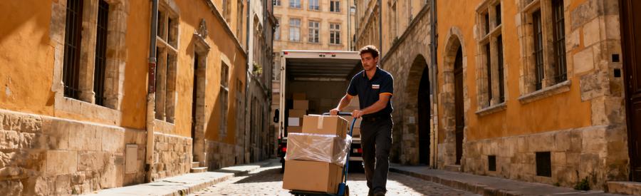Déménageur manœuvrant un diable chargé dans une rue pavée étroite du Vieux Lyon avec immeubles Renaissance