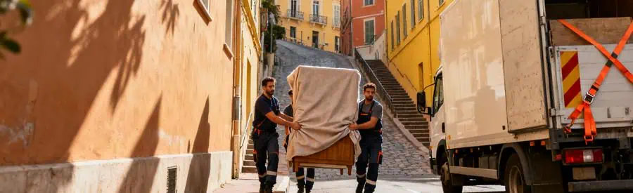 Déménageurs transportant meuble dans rue en pente à Nice avec immeubles méditerranéens