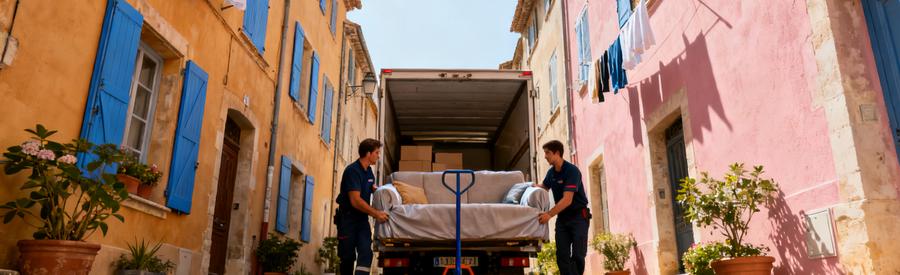 Déménageurs transportant meubles dans ruelle étroite typique centre historique Provence façades colorées