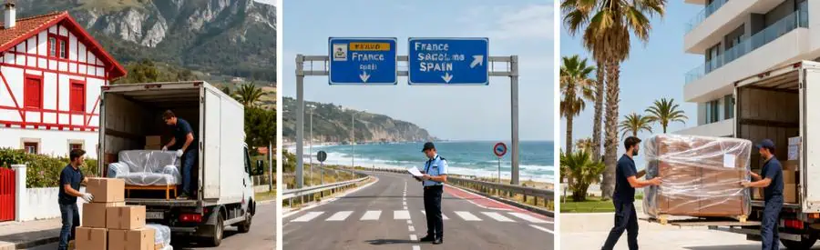 Triptyque montrant déménagement transfrontalier depuis Hendaye vers Espagne avec chargement, passage frontière et livraison