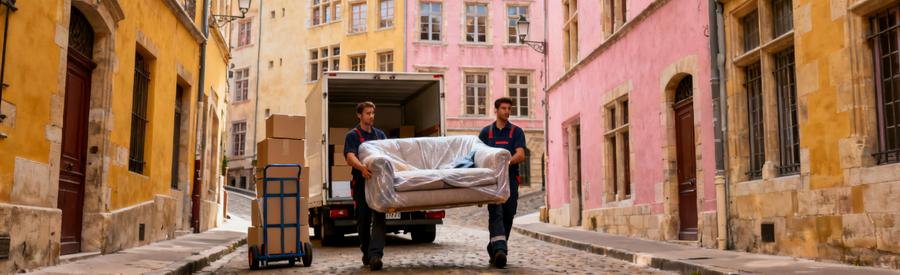 Déménageurs transportant meubles protégés dans rue pavée étroite du Vieux Lyon avec façades historiques
