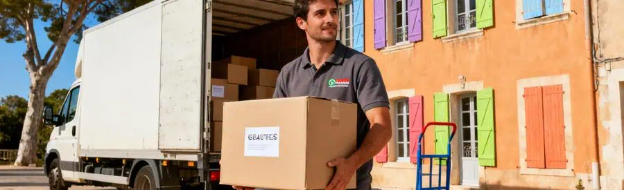 Déménageur chargeant cartons dans camion devant immeuble provençal typique du Vaucluse avec architecture régionale