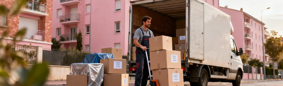 Déménageur chargeant cartons de volumes variés dans camion à Montauban, architecture briques roses en fond
