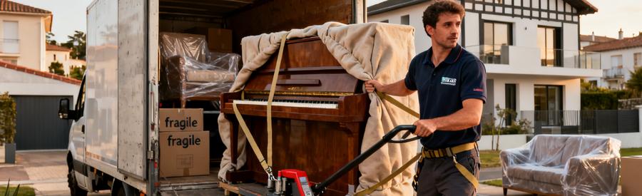 Déménageur chargeant piano protégé dans camion devant résidence Anglet, services spécialisés transport