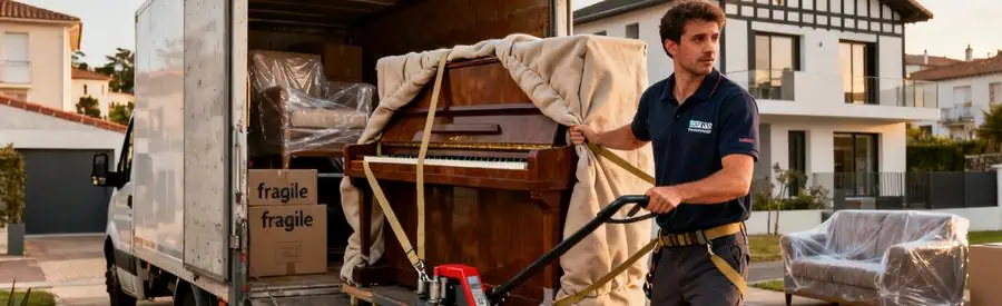 Déménageur chargeant piano protégé dans camion devant résidence Anglet, services spécialisés transport