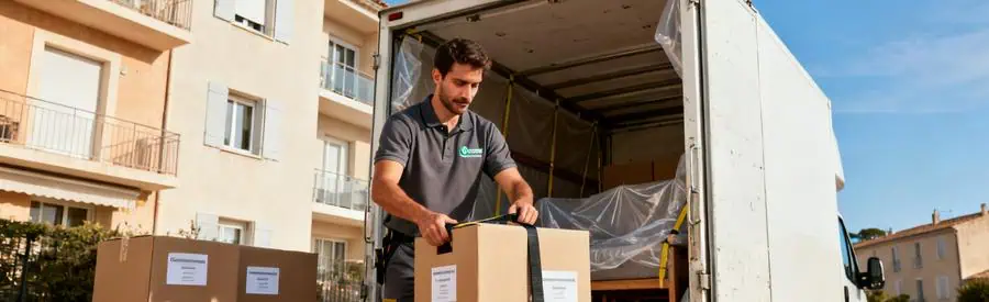 Déménageur chargeant cartons dans camion devant immeuble résidentiel à Carpentras