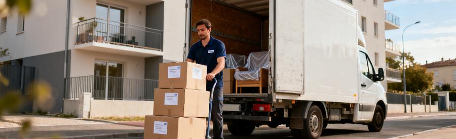 Déménageur chargeant cartons dans camion devant immeuble résidentiel à Meyzieu près de Lyon