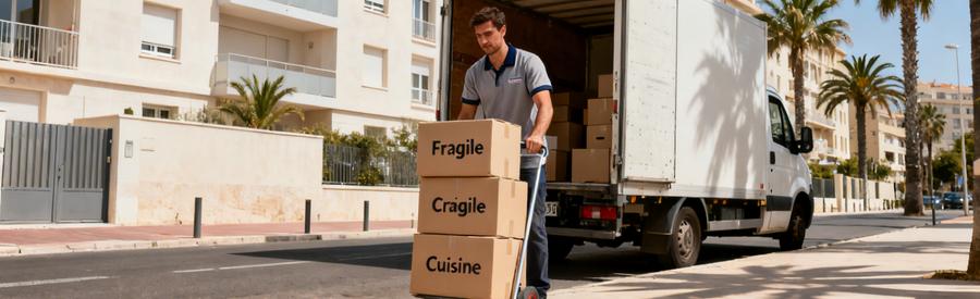 Déménageur chargeant cartons avec diable dans camion, immeuble Marseille 7ème en arrière-plan, formule économique