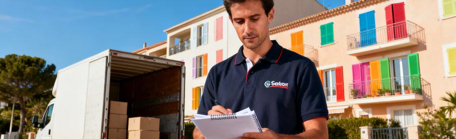 Déménageur professionnel évaluant les conditions d'un déménagement devant immeuble à Saint-Raphaël