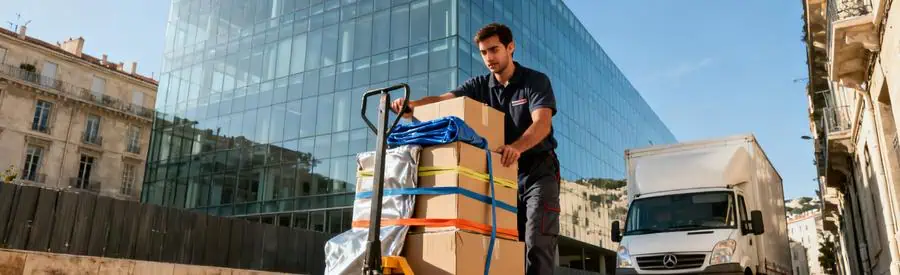 Demenageur Immeuble Moderne Joliette Marseille 2eme Déménageur avec diable de cartons devant immeuble moderne La Joliette Marseille 2ème arrondissement