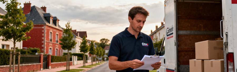 Déménageur professionnel avec camion dans rue résidentielle d'Abbeville en Picardie