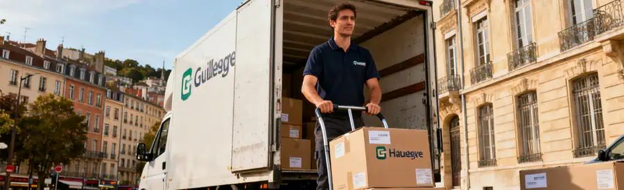 Déménageur chargeant cartons dans camion devant immeuble typique du 7ème arrondissement de Lyon