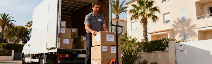 Demenageur Professionnel Chargement Camion Hyeres Déménageur chargeant des cartons dans un camion devant un immeuble résidentiel à Hyères avec architecture provençale