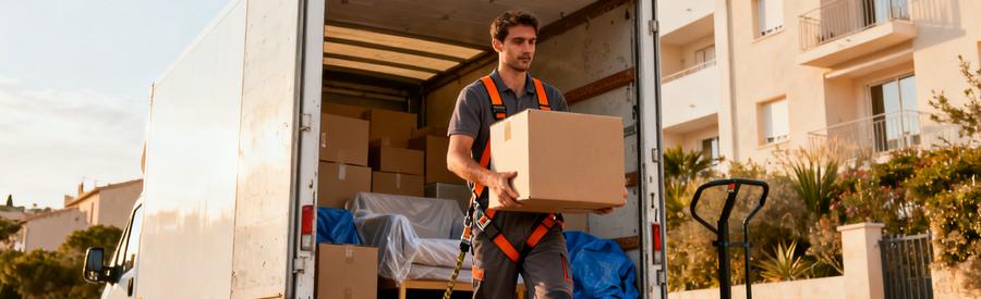 Demenageur Professionnel Chargement Camion La Garde Déménageur certifié chargeant carton dans camion devant immeuble résidentiel moderne à La Garde dans le Var
