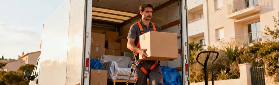 Déménageur certifié chargeant carton dans camion devant immeuble résidentiel moderne à La Garde dans le Var