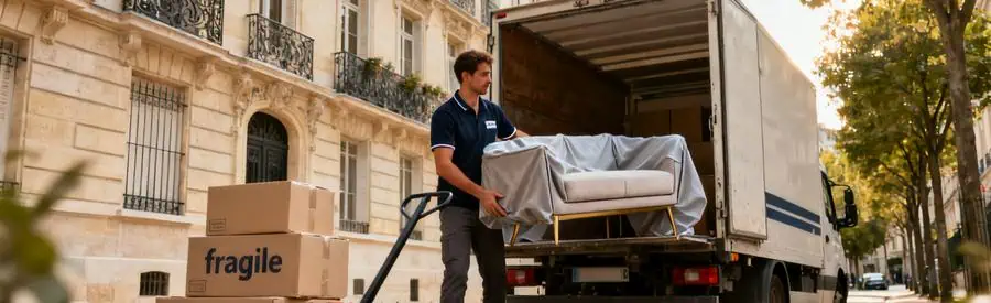 Demenageur Professionnel Immeuble Haussmannien Lyon 6eme Déménageur chargeant meuble protégé devant immeuble haussmannien élégant dans le 6ème arrondissement lyonnais