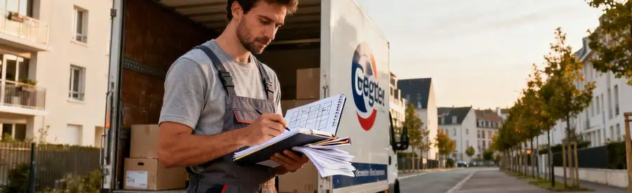 Demenageur Professionnel Organisation Sotteville Les Rouen Déménageur professionnel organisant sa tournée à Sotteville-lès-Rouen avec camion en arrière-plan