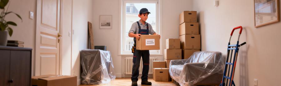 Déménageur transportant carton dans studio à Montivilliers, organisation petit volume économique