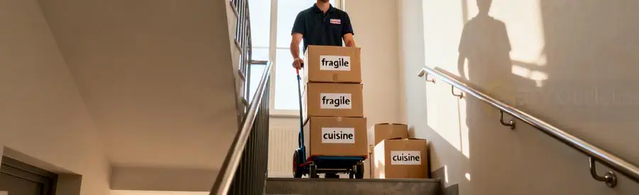 Déménageur professionnel transportant cartons dans escalier d'immeuble à Oullins avec diable