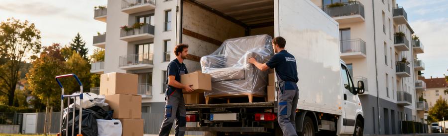 Déménageurs professionnels chargeant meubles protégés dans camion devant immeuble résidentiel à Épinal