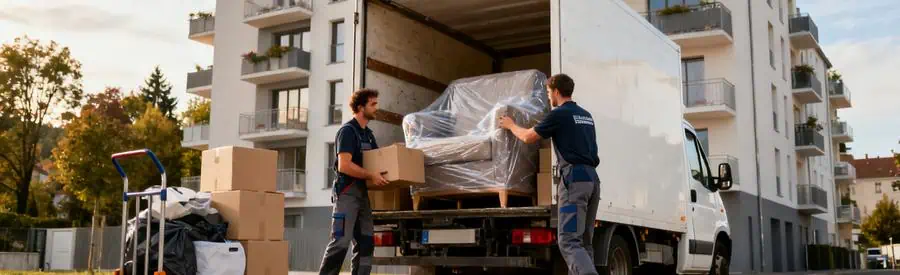 Demenageurs Chargement Camion Epinal Vosges Déménageurs professionnels chargeant meubles protégés dans camion devant immeuble résidentiel à Épinal