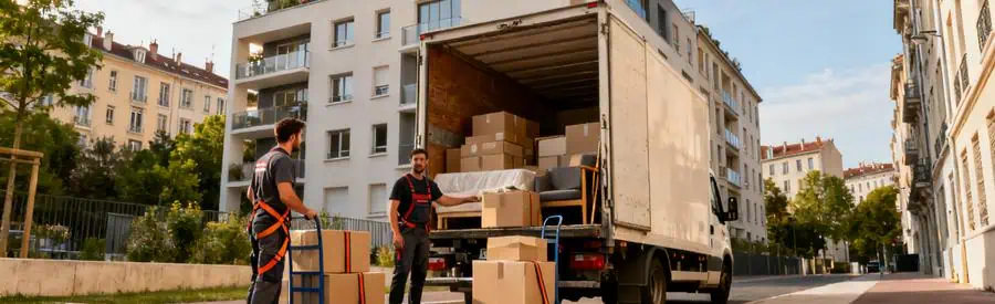 Demenageurs Chargement Camion Immeuble Lyon 8 Déménageurs chargeant un camion devant immeuble résidentiel moderne du 8ème arrondissement de Lyon