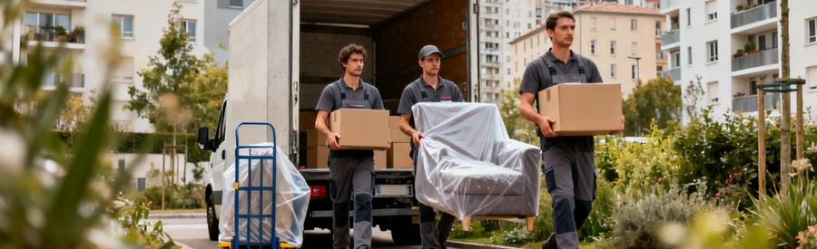 Équipe de déménageurs professionnels en action dans quartier résidentiel de Caluire-et-Cuire près de Lyon