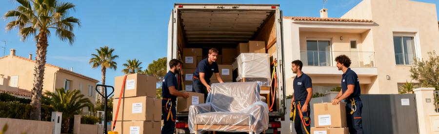 Demenageurs Professionnels Canet Roussillon 66 Déménageurs professionnels chargeant un camion devant résidence à Canet-en-Roussillon dans les Pyrénées-Orientales