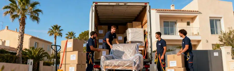 Demenageurs Professionnels Canet Roussillon 66 Déménageurs professionnels chargeant un camion devant résidence à Canet-en-Roussillon dans les Pyrénées-Orientales