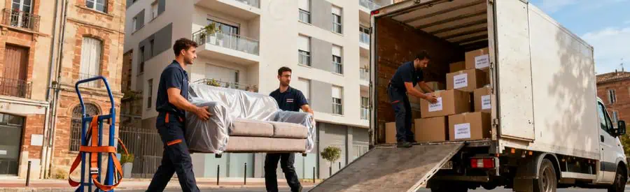 Déménageurs chargeant un camion devant immeuble résidentiel à Albi avec cartons et mobilier protégé