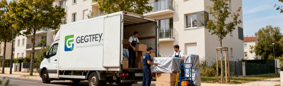 Demenageurs Professionnels Quartier Urbain Essonne Déménageurs chargeant camion dans quartier résidentiel de l'Essonne avec équipement professionnel