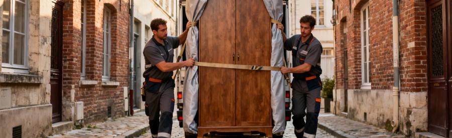 Déménageurs transportant meuble dans ruelle étroite du centre historique d'Abbeville avec façades picardes