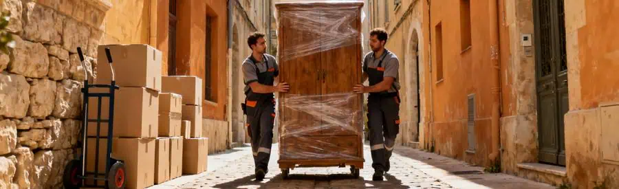 Déménageurs professionnels transportant meubles dans ruelle étroite du quartier historique du Panier Marseille