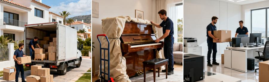 Diversite Services Demenagement Canet Roussillon Triptyque illustrant services de déménagement : chargement camion, transport piano et mobilier professionnel