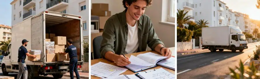 Triptyque illustrant chargement, planification tarifaire et transport pour déménagement Marseille 9ème