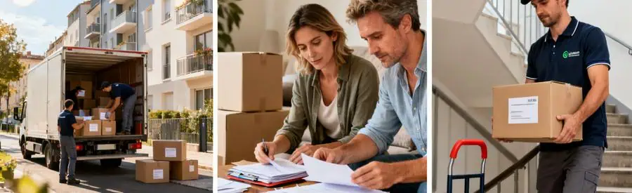 Triptyque illustrant les étapes d'organisation d'un déménagement local à Pau avec déménageurs professionnels