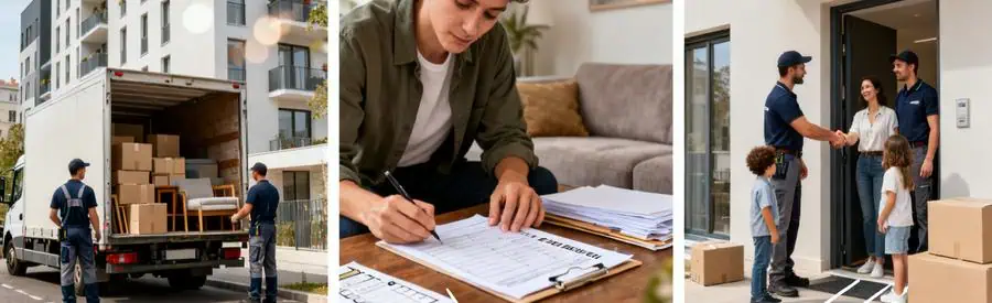 Triptyque illustrant les étapes d'un déménagement à Bron : chargement, démarches administratives et installation