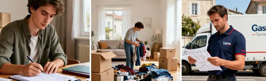 Triptyque montrant les étapes de préparation d'un déménagement à Castres : comparaison offres, tri affaires, planning