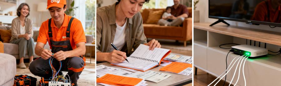 Triptyque illustrant installation technicien, gestion administrative et box internet fonctionnelle lors transfert abonnement